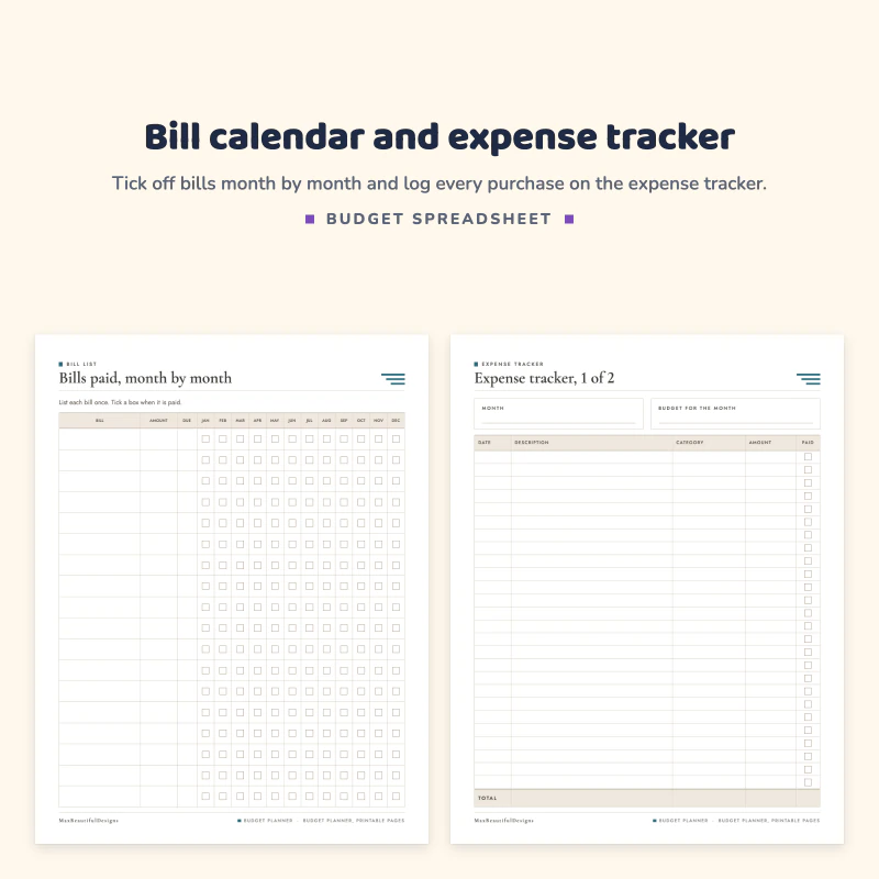 Bills paid month by month page with a box for each month, next to an expense tracker page with date, description, category and amount