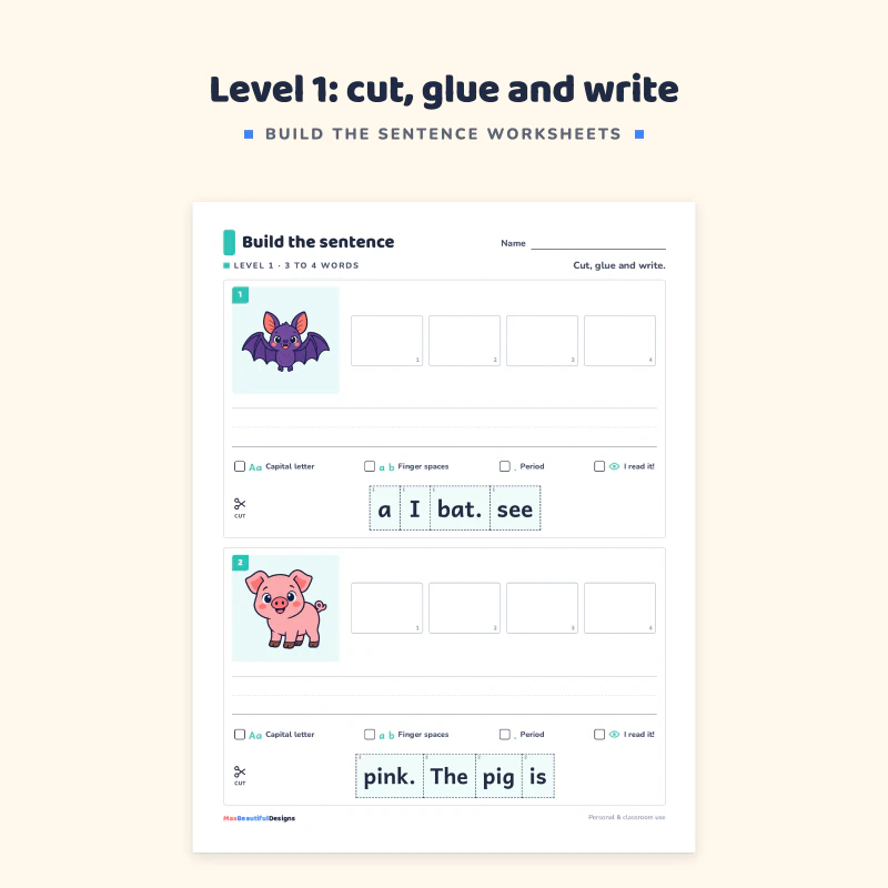 Level 1 page: a bat picture with empty glue boxes, scrambled word tiles a, I, bat, see, and a handwriting line, with a self check row
