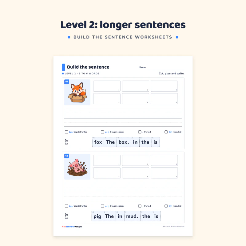 Level 2 page: a fox picture with numbered glue boxes and scrambled word tiles such as fox, the, box, in, is, and a handwriting line