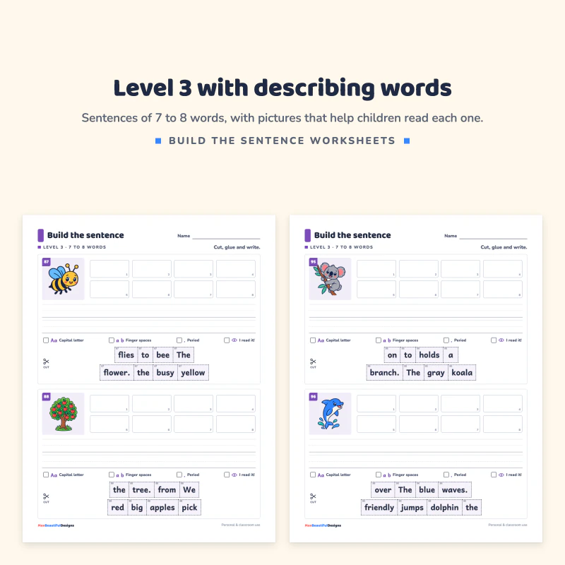 Two level 3 pages with two pictures each, glue boxes for the sentence and scrambled word tiles