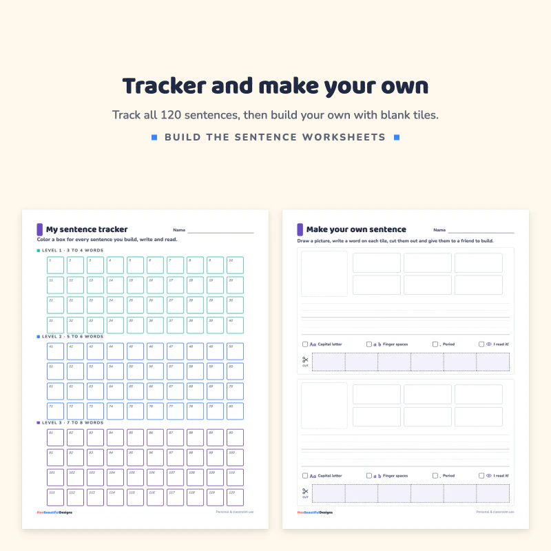 My sentence tracker with a grid of boxes for the three levels, next to a make your own sentence page with blank tiles