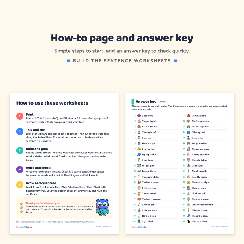 How to use these worksheets page with five steps, next to a Level 1 answer key with pictures and sentences