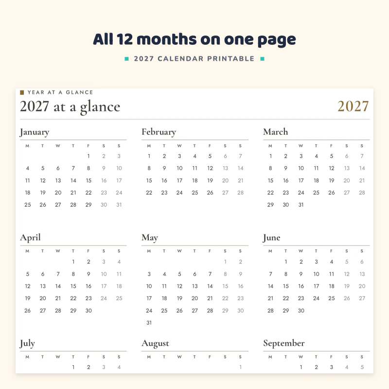 Top of the 2027 at a glance page: January, February and March, April, May and June as small month grids with weeks starting on Monday