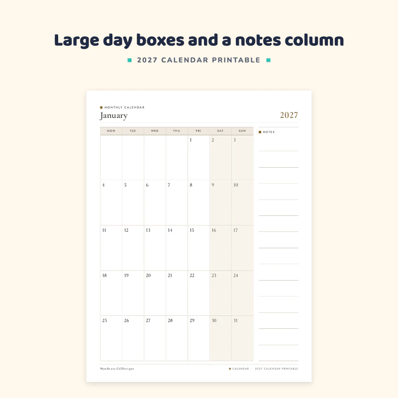 Top of the January 2027 page: a month grid with large day boxes, weekends shaded, and a ruled notes column on the right