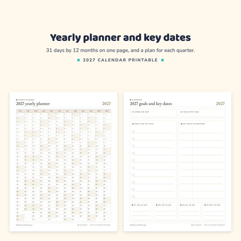The 2027 yearly planner with 31 days by 12 months next to the 2027 goals and key dates page with goals and quarter boxes