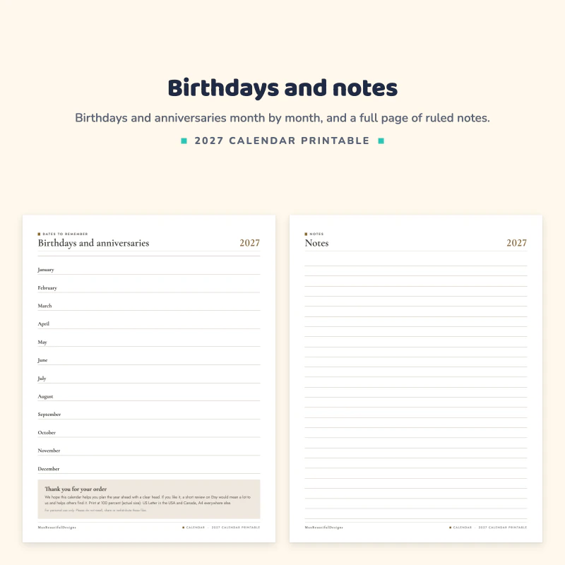 A birthdays and anniversaries page with the months January to December next to a ruled notes page