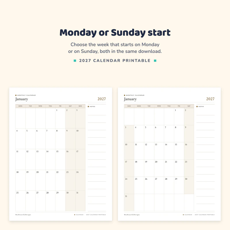 January 2027 with weeks starting on Monday next to January 2027 with weeks starting on Sunday