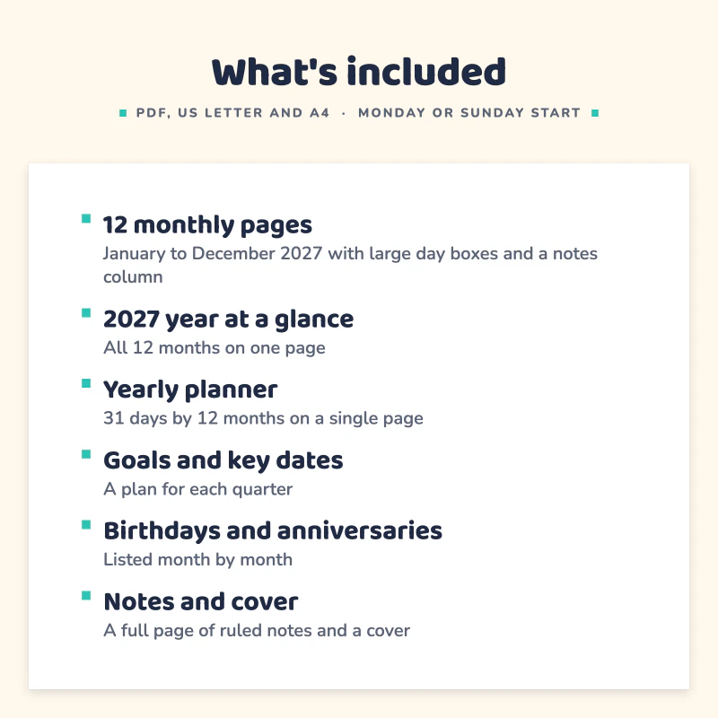 List of what is included in 2027 Calendar Printable: 12 monthly pages, 2027 year at a glance, Yearly planner, Goals and key dates, Birthdays and anniversaries, Notes and cover.