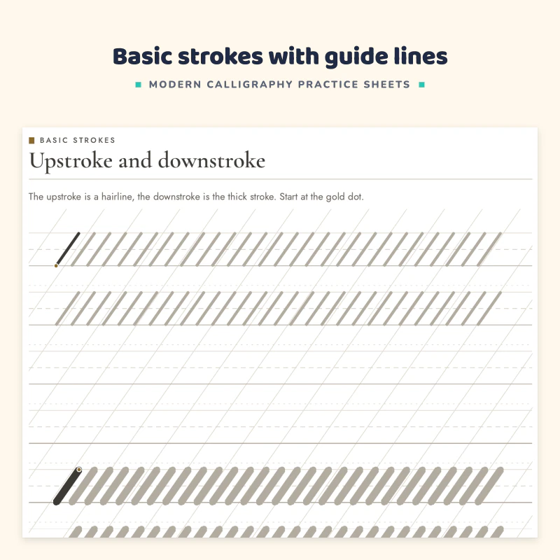 Upstroke and downstroke page: rows of thin upstrokes and thick downstrokes to trace in gray, with slanted guide lines