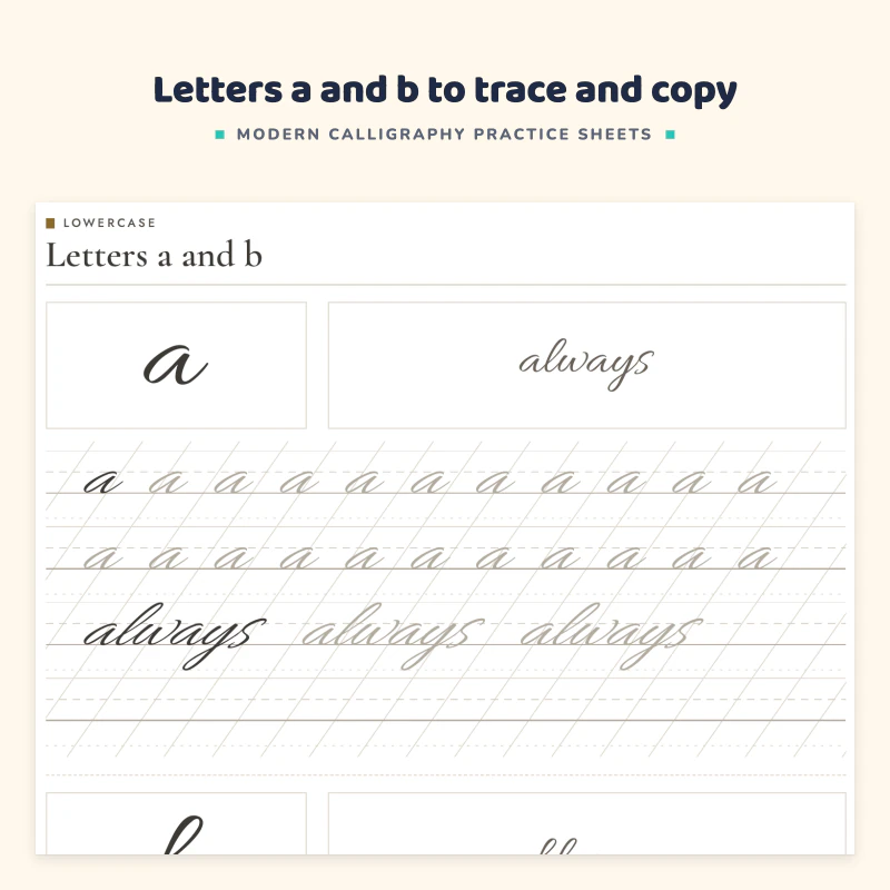 Lowercase letters a and b page: a large model letter and the word always and bloom, then rows of the letters and words in gray to trace