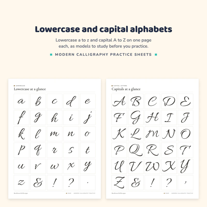 Lowercase at a glance page with a to z in brush lettering, next to a capitals at a glance page with A to Z