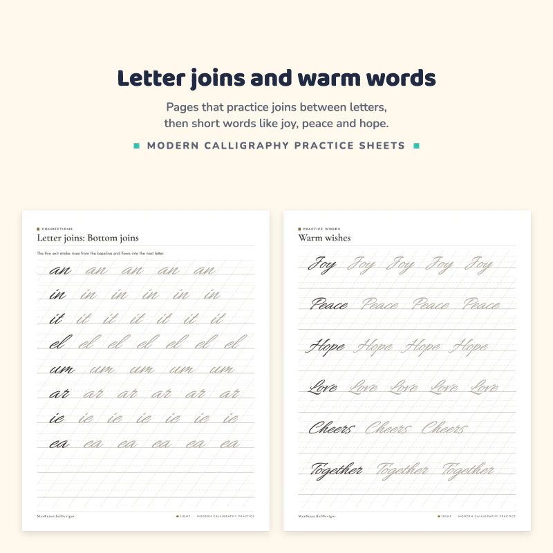 Letter joins page with bottom joins such as an, in and um, next to a warm wishes page with the words Joy, Peace, Hope and Love