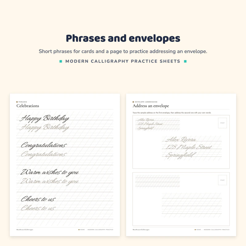 Celebrations page with phrases like Happy Birthday and Congratulations, next to an address an envelope page with a sample address in script