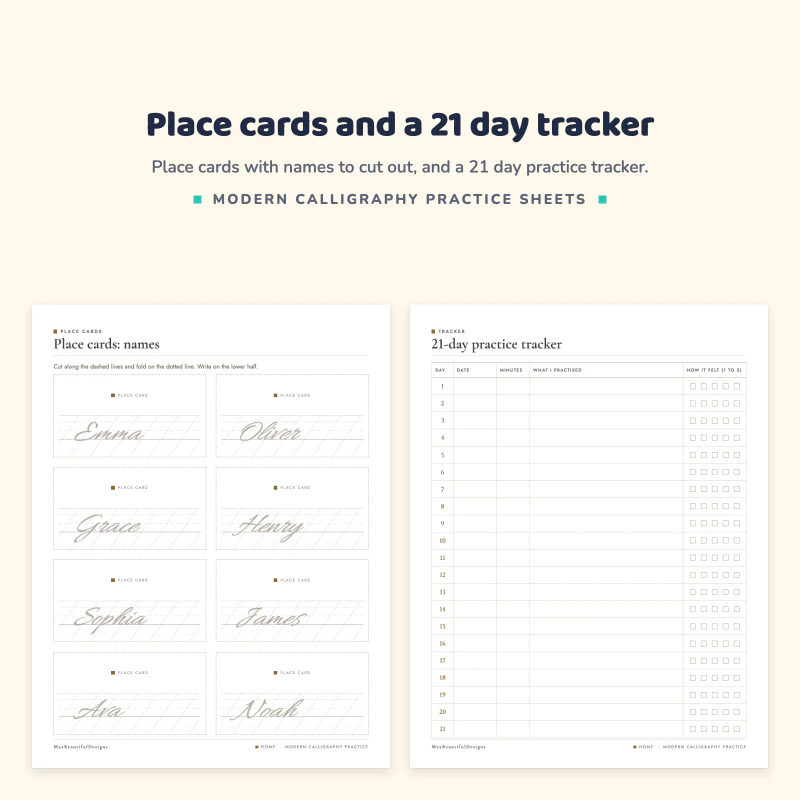 Place cards page with names such as Emma and Oliver, next to a 21 day practice tracker table with circles to fill in