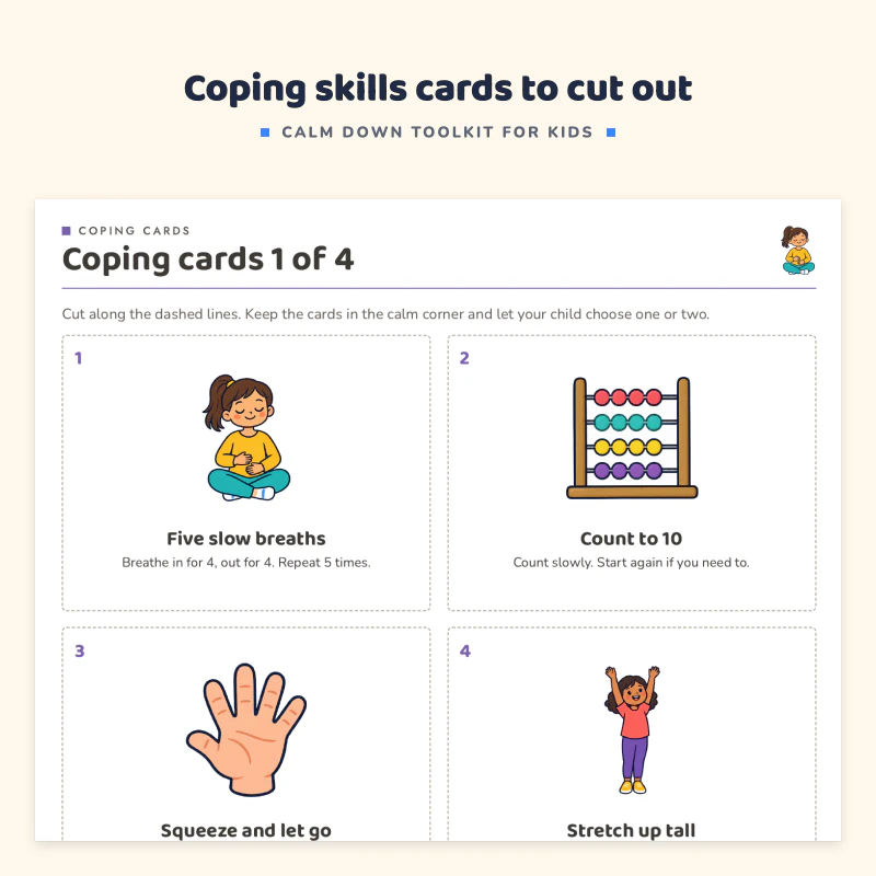 Coping cards 1 of 4: five slow breaths, count to 10, squeeze and let go, stretch up tall, give myself a hug and ask for a hug, each with a picture