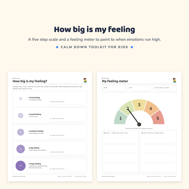 How big is my feeling page with five feeling sizes from tiny to huge next to a feeling meter dial from 1 to 5