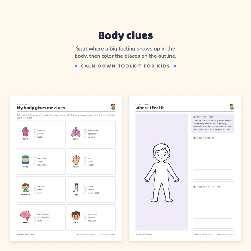 My body gives me clues page with heart, lungs, belly, hands, shoulders and legs next to a body outline to color