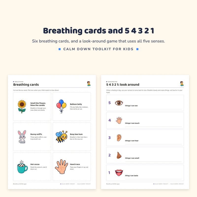 Breathing cards page with flower, balloon, bunny, bee, cocoa and hand trace next to a 5 4 3 2 1 look around page