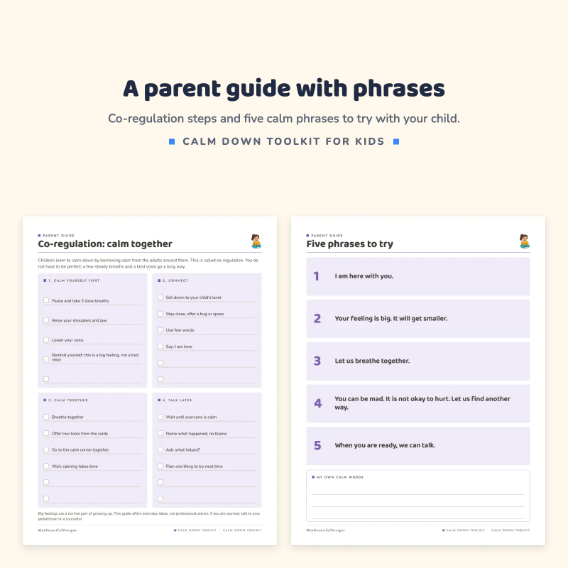 Co-regulation calm together page with steps for parents next to a five phrases to try page