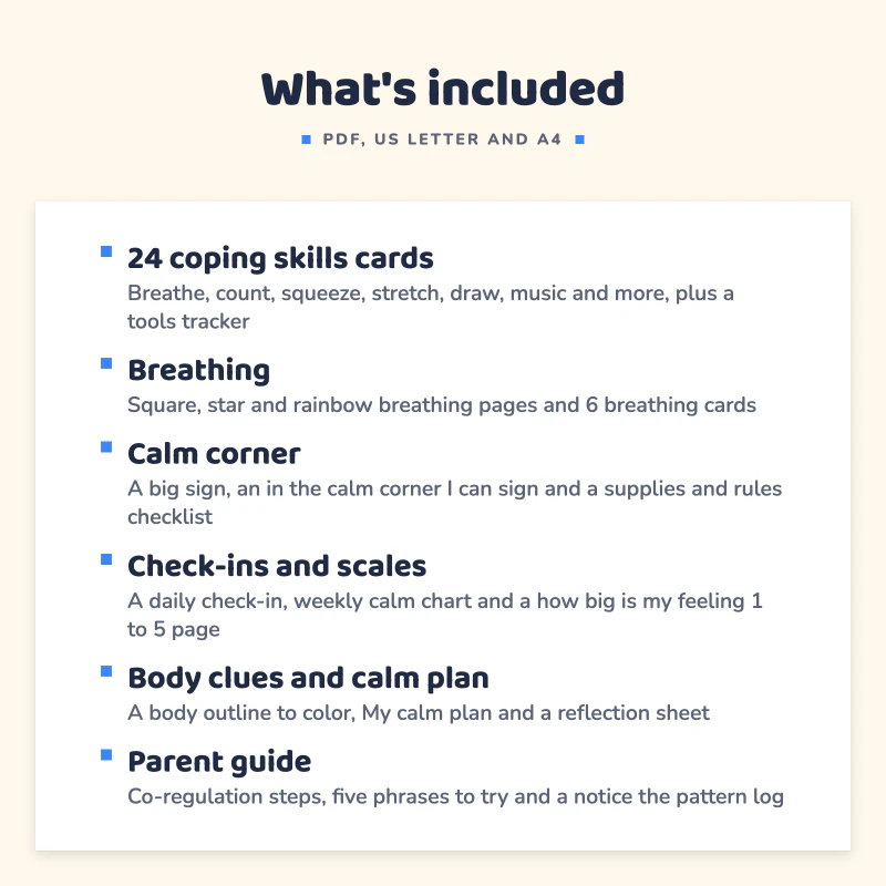 List of what is included in Calm Down Toolkit for Kids: 24 coping skills cards, Breathing, Calm corner, Check-ins and scales, Body clues and calm plan, Parent guide.