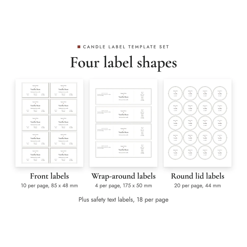 Front labels, wrap-around labels and round lid labels of the candle label set, each shown as a full printable page