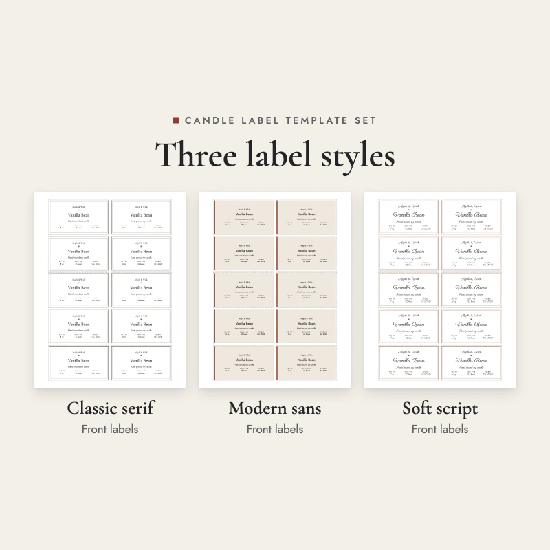 The same front label in three styles: classic serif, modern sans and soft script