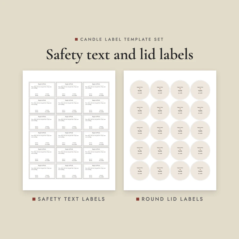 Safety text labels with a field for your own wording, batch and poured date, and round lid labels with brand, scent and a short line