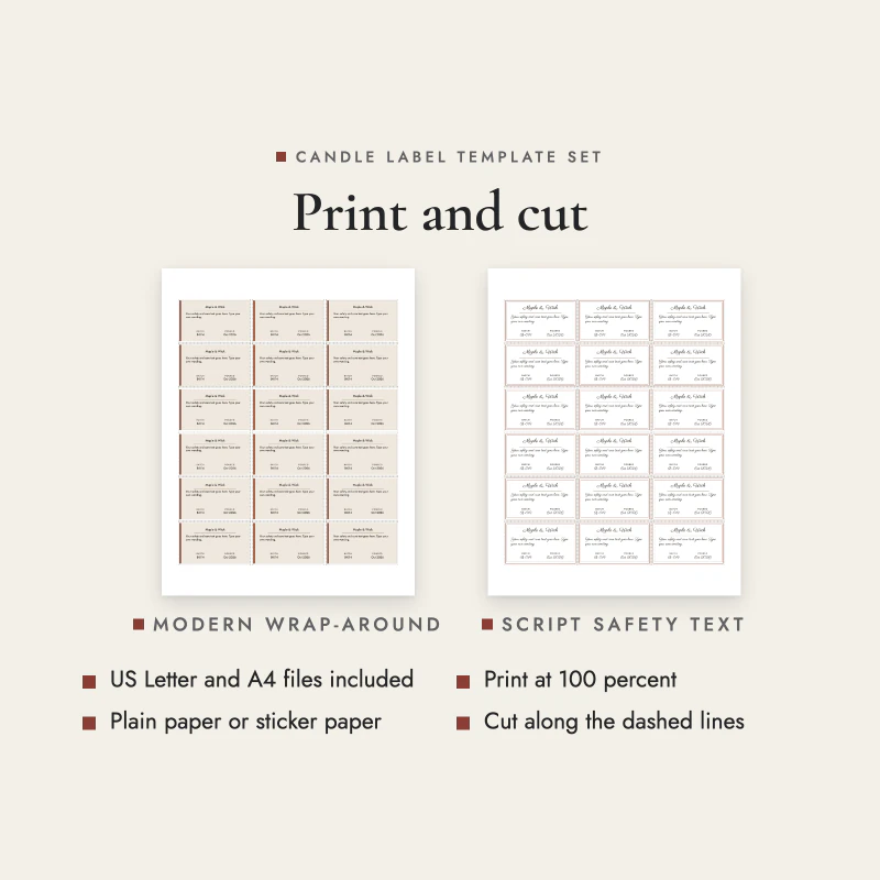 Printing tips: use the US Letter or A4 file, print at 100 percent on plain or sticker paper and cut along the dashed lines, shown on a wrap-around label page and the start here page