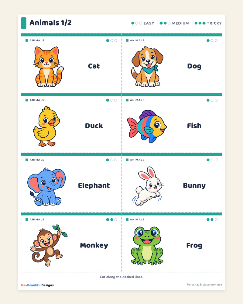 Animals card page: cards with a picture and a large word such as cat, dog, duck and fish, with difficulty dots at the top