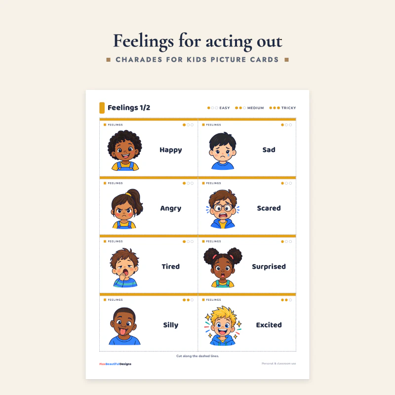 Feelings card page with happy, sad, angry, scared and shy faces, each with its word and difficulty dots