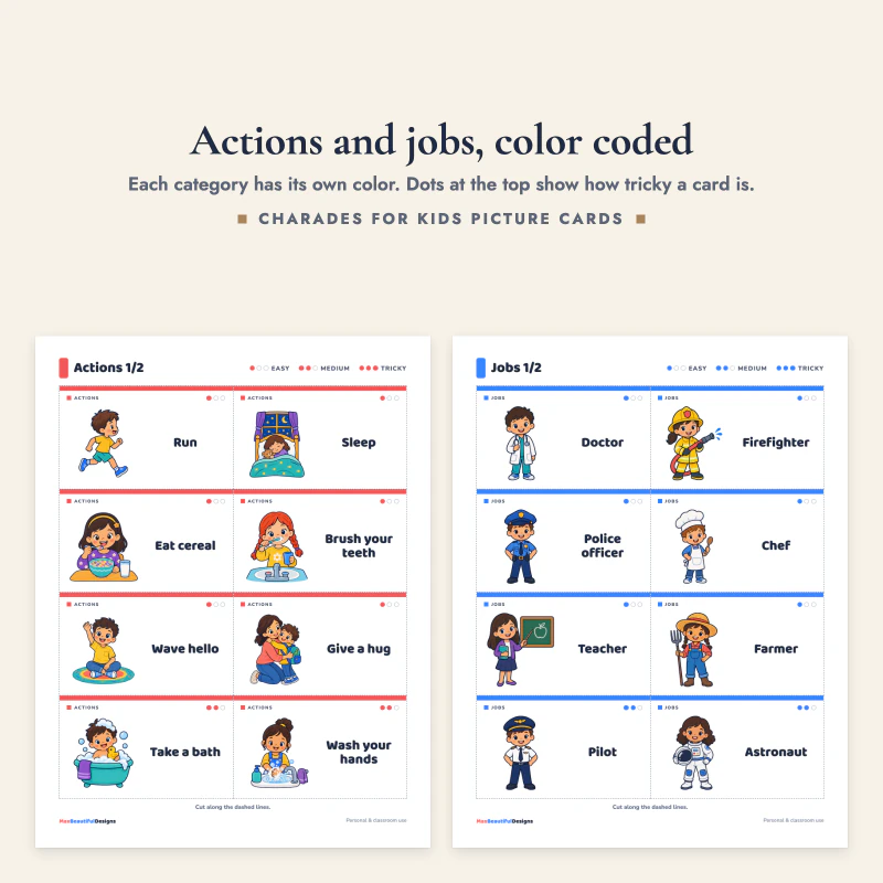 Actions page with run, sleep and read a story next to a jobs page with doctor, firefighter and chef
