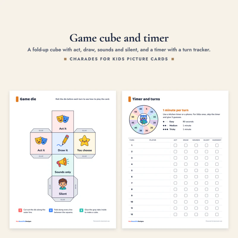 Game cube net to cut and fold next to the timer page with a one minute dial and turn tracker