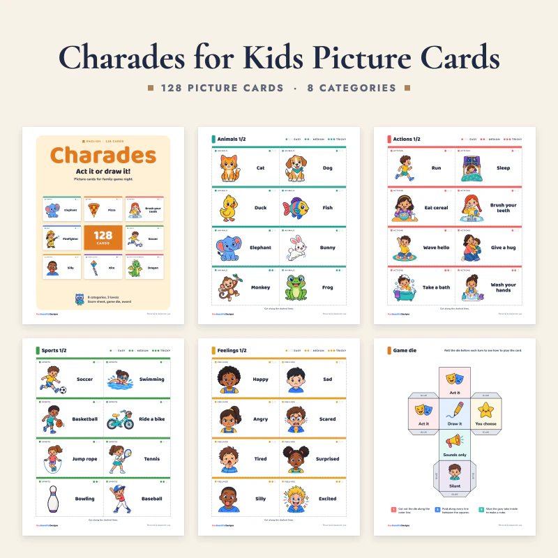 Charades picture cards: the cover and five real pages, animal cards, action cards, sports cards, feelings cards and the fold-up game cube