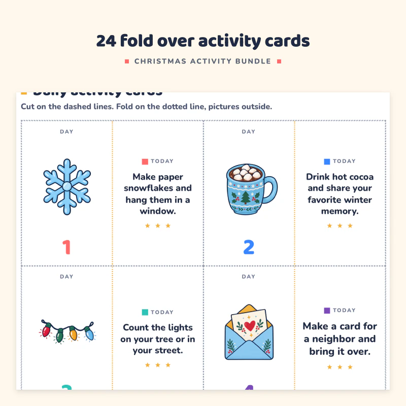 Daily activity cards for days 1 to 6 with a picture on each card, such as a snowflake, a cocoa mug and a gingerbread house, and an activity like make paper snowflakes