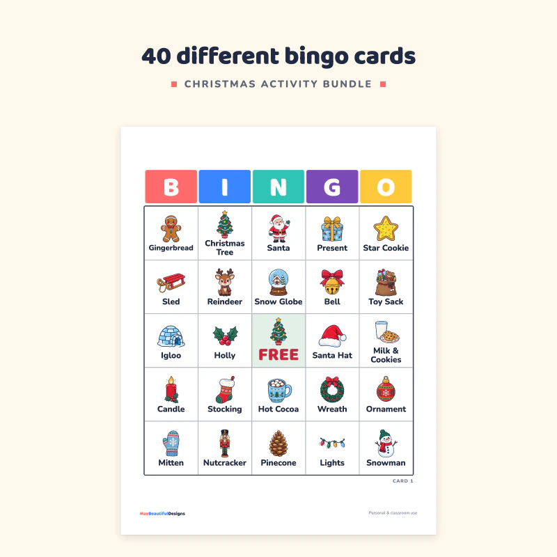 Christmas picture bingo card with the letters B I N G O above five rows of pictures such as Santa, reindeer, stocking and snowman, with a free square in the middle