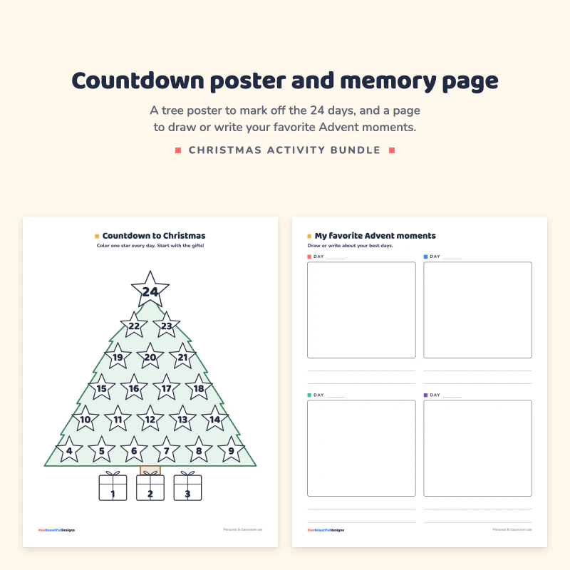 Countdown to Christmas poster with a tree made of numbered stars from 1 to 24, next to a My favorite Advent moments page with four drawing boxes