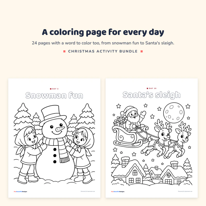 Coloring page Snowman fun with two children and a snowman, next to Santa's sleigh with reindeer over snowy houses