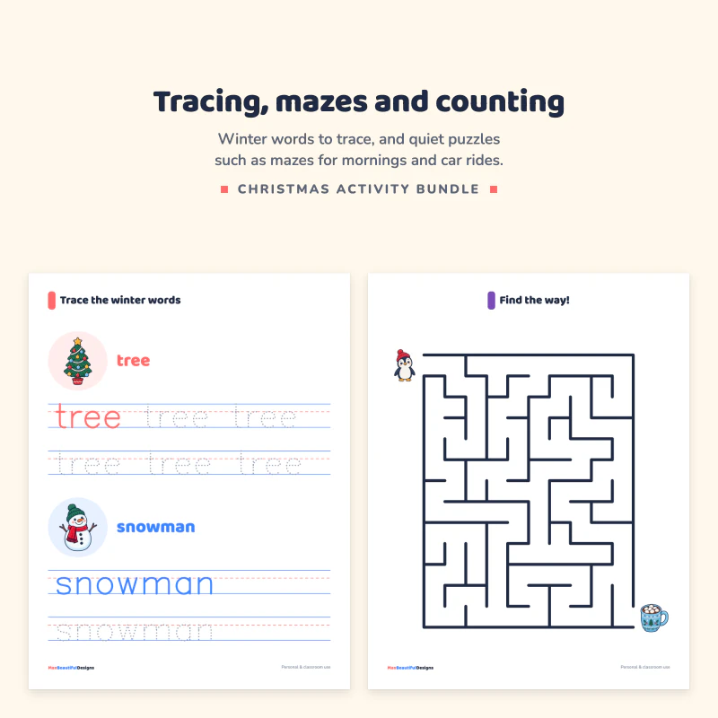 Trace the winter words page with tree and snowman, next to a find the way maze page