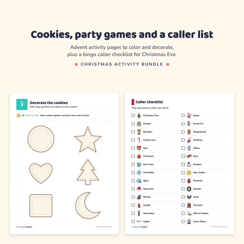 Decorate the cookies page with cookie shapes to decorate, next to a caller checklist of Christmas bingo pictures with tick boxes