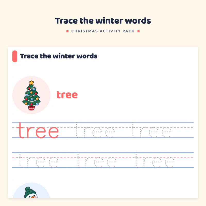 Top of a word tracing page: tree and snowman with a picture, the word in color, then dotted rows of the word to trace