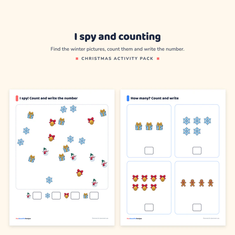 An I spy page with gifts, snowflakes, bells and snowmen scattered around next to a how many count and write page with groups of pictures