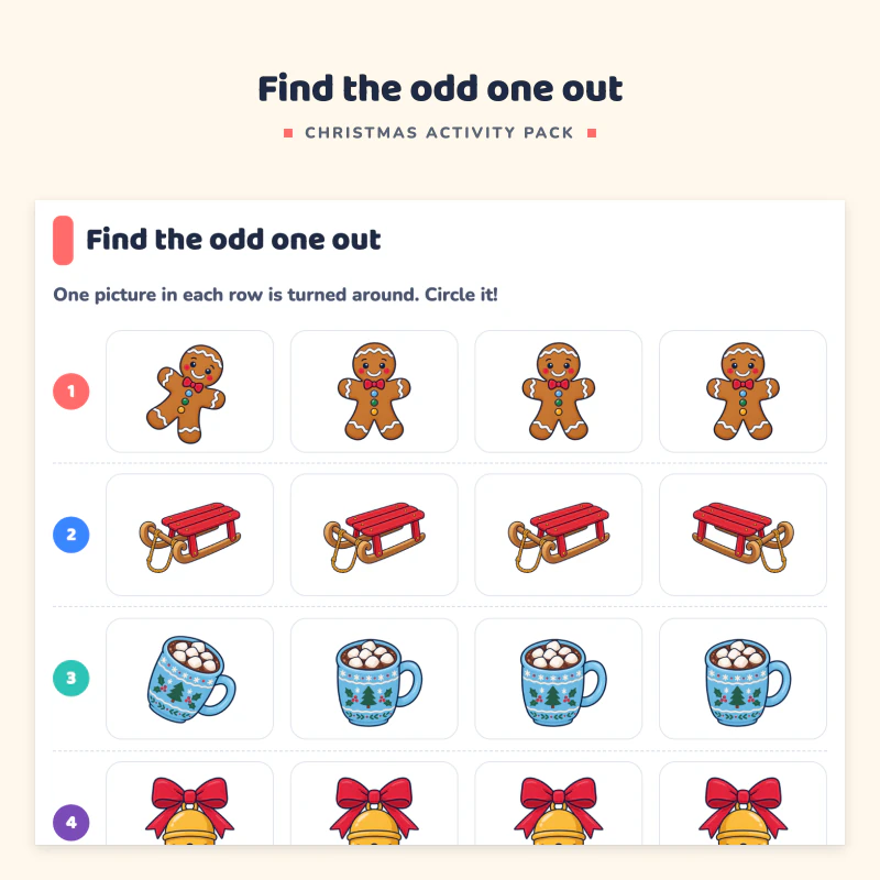 Top of a find the odd one out page: rows of gingerbread men, sleds and cocoa cups where one picture in each row is turned around