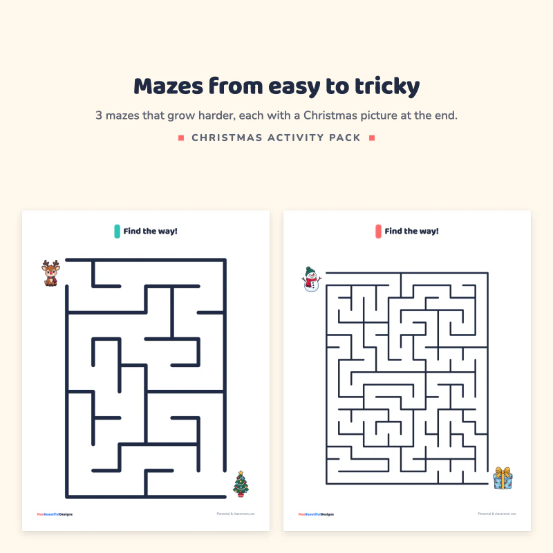 An easy maze with a reindeer and a tree next to a tricky maze with a snowman and a gift