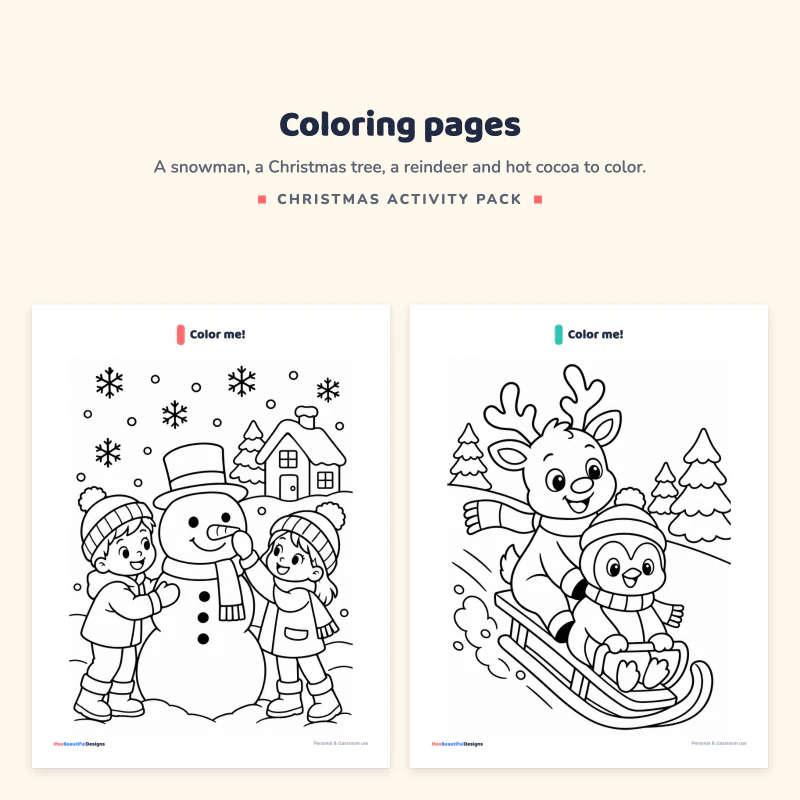 A coloring page with two children and a snowman next to a reindeer with a penguin on a sled