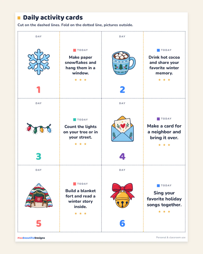 Daily activity cards for days 1 to 6 with a picture on each card, such as a snowflake, a cocoa mug and a gingerbread house, and an activity like make paper snowflakes