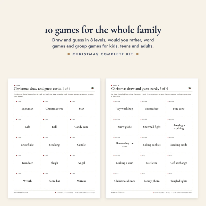 Draw and guess cards pages with words like Snowman, Star and Cookie next to harder words like Toy workshop and Nutcracker