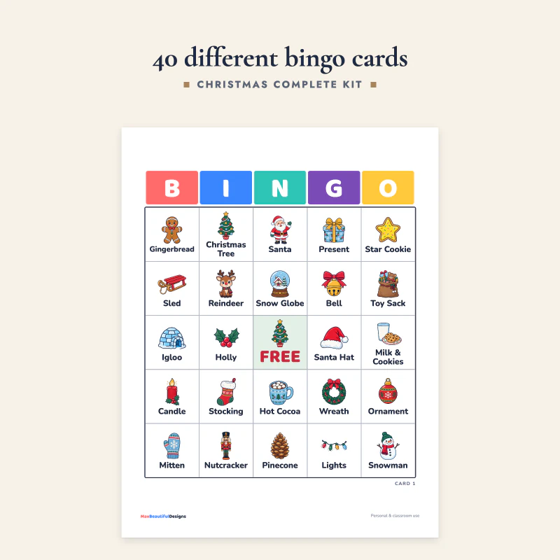 Christmas picture bingo card with the letters B I N G O above five rows of pictures such as Santa, reindeer, stocking and snowman, with a free square in the middle