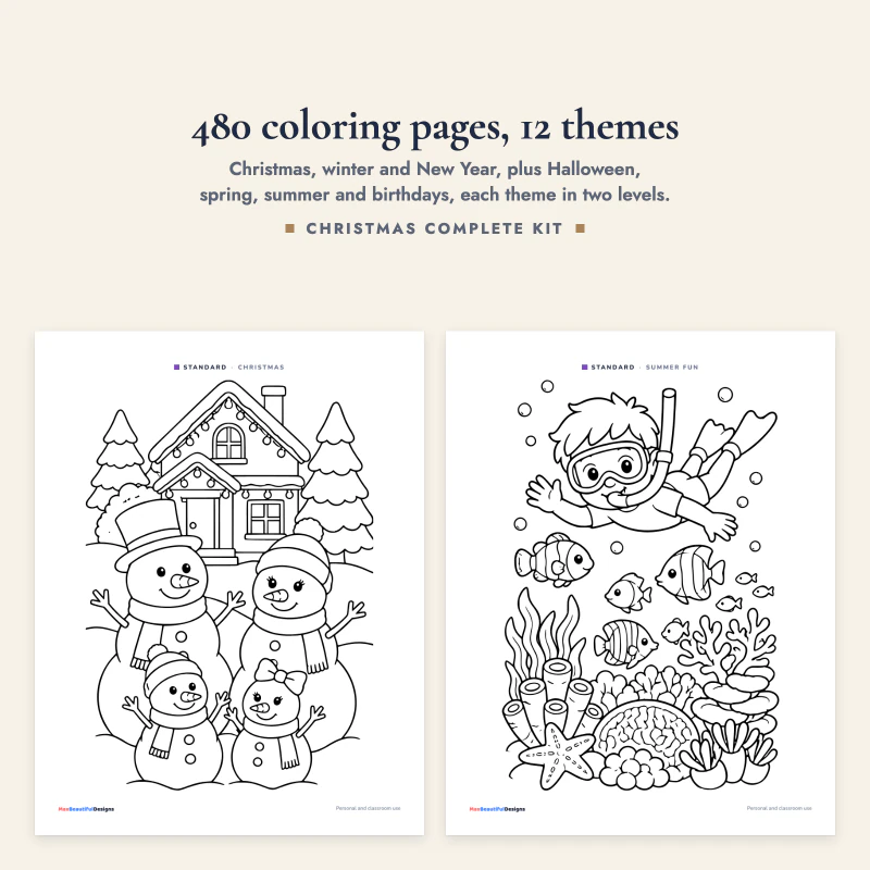 Standard Christmas coloring page with snowmen in front of a snowy house, next to a summer fun coloring page