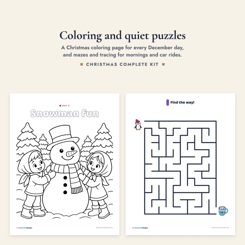 Coloring page Snowman fun with two children and a snowman, next to a find the way maze page from the winter activity pack