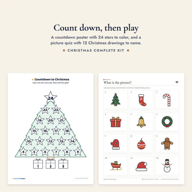 Countdown to Christmas poster with a tree of numbered stars, next to the What is the picture page with twelve numbered Christmas drawings